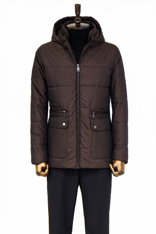 4 Pockets Hooded Zippered Quilted Brown Men Down Coat