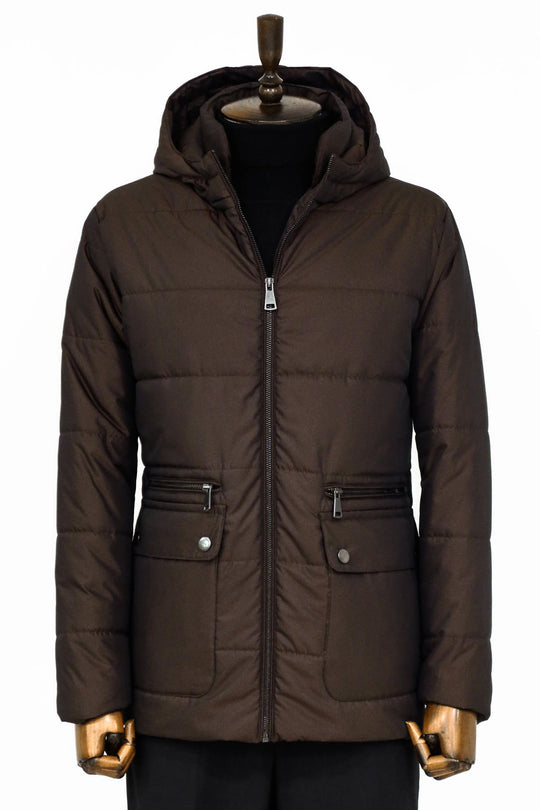 4 Pockets Hooded Zippered Quilted Brown Men Down Coat