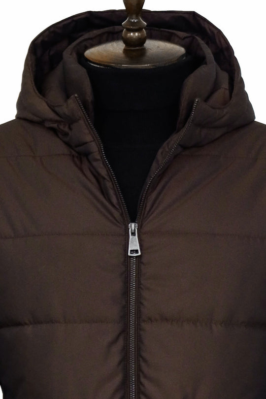 4 Pockets Hooded Zippered Quilted Brown Men Down Coat