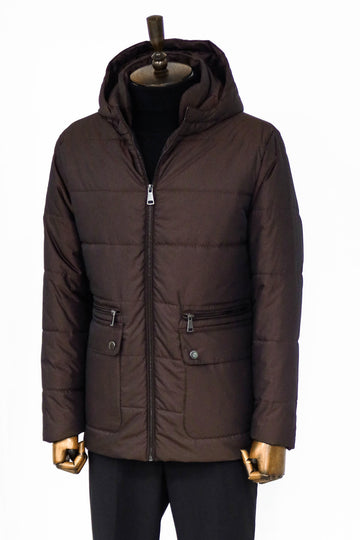 4 Pockets Hooded Zippered Quilted Brown Men Down Coat