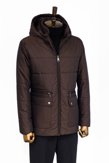 4 Pockets Hooded Zippered Quilted Brown Men Down Coat