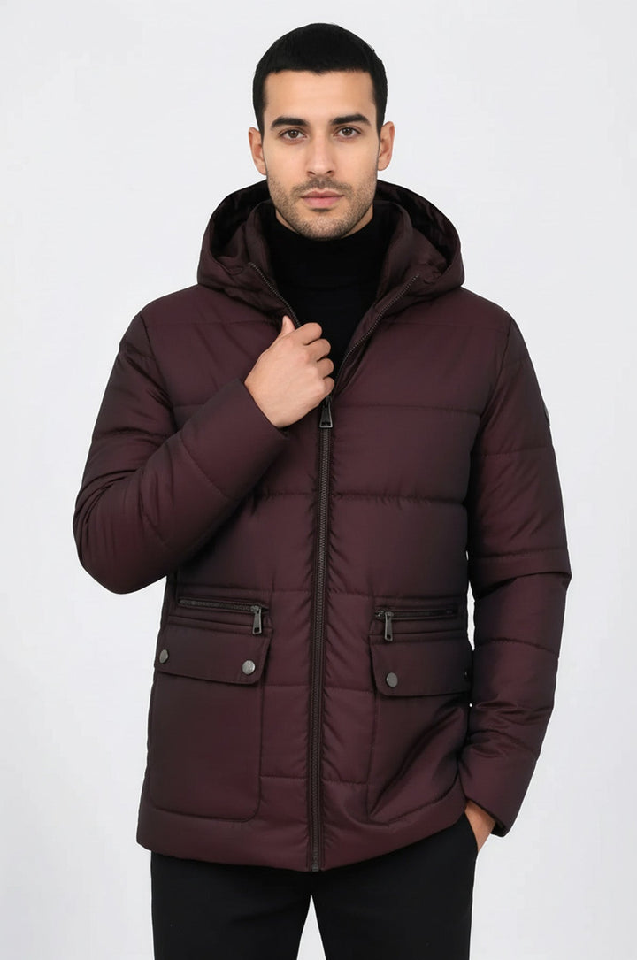 Slim Fit Hooded Burgundy Men Coat - Wessi