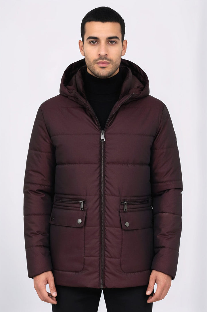 Slim Fit Hooded Burgundy Men Coat - Wessi