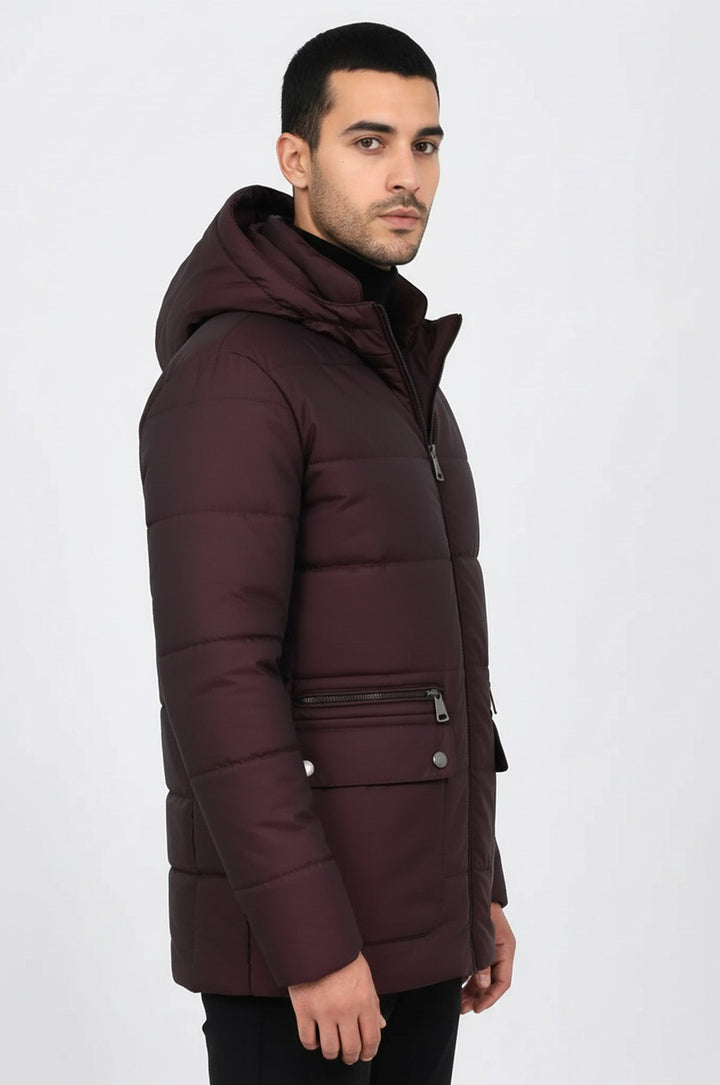 Slim Fit Hooded Burgundy Men Coat - Wessi