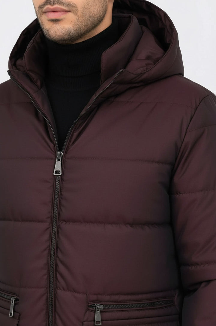 Slim Fit Hooded Burgundy Men Coat - Wessi