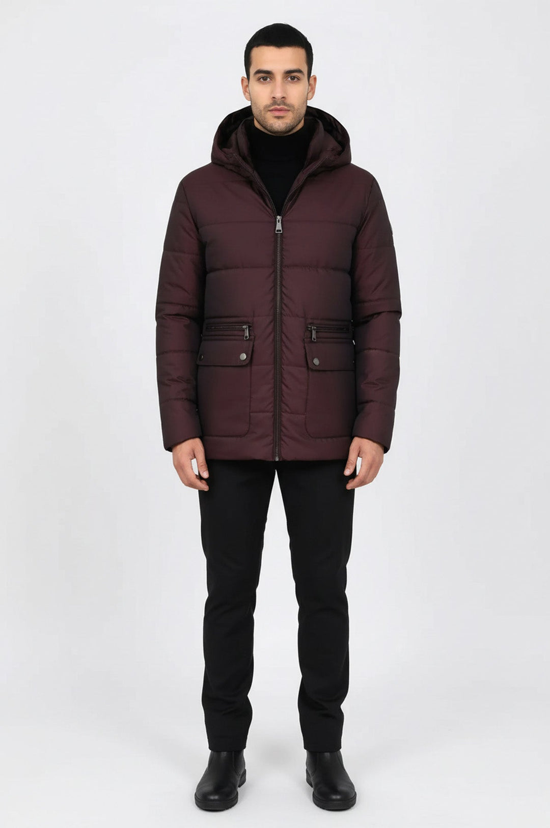 Slim Fit Hooded Burgundy Men Coat - Wessi