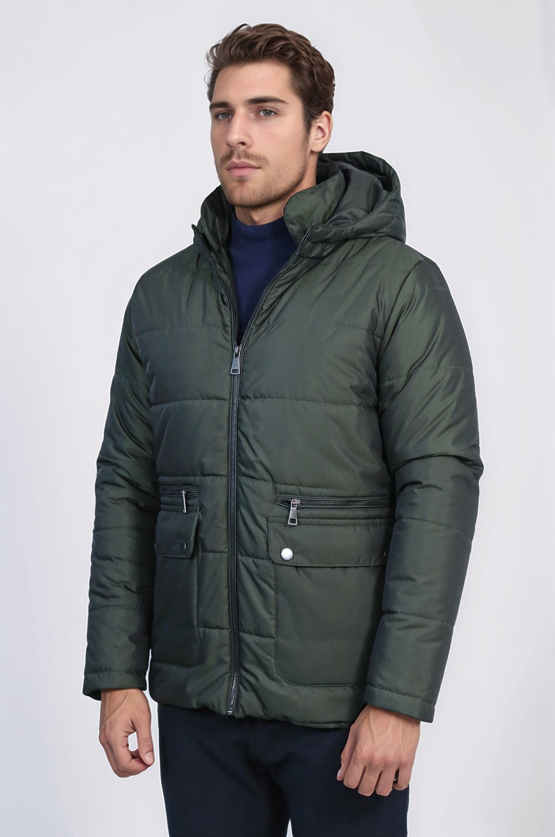 Slim Fit Hooded Green Men Coat - Wessi