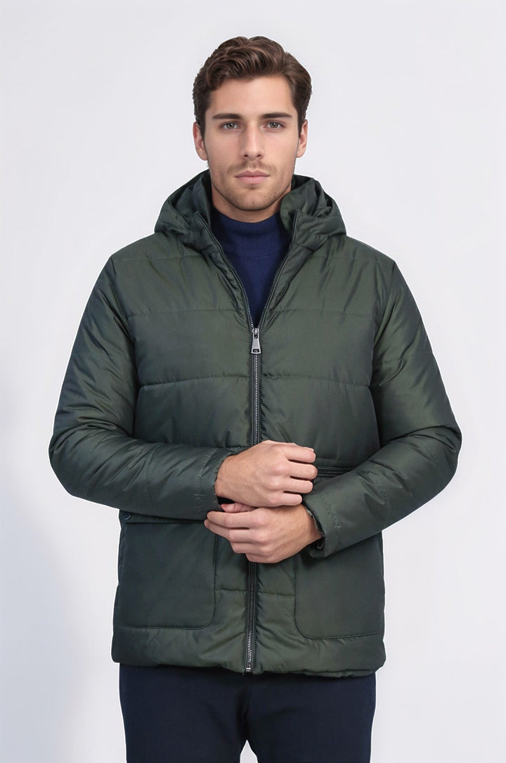 Slim Fit Hooded Green Men Coat - Wessi