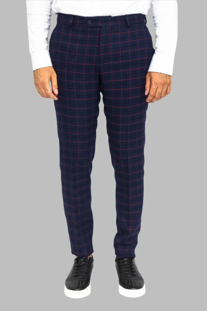 Slim Fit Checked Navy Blue Men Pants - Wessi