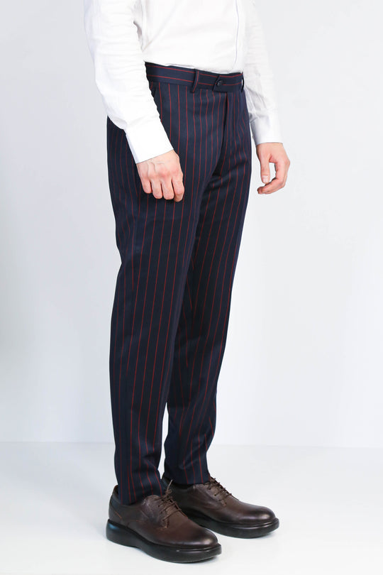Navy Red Pinstripe Slim Fit Dress Trousers – Wessi