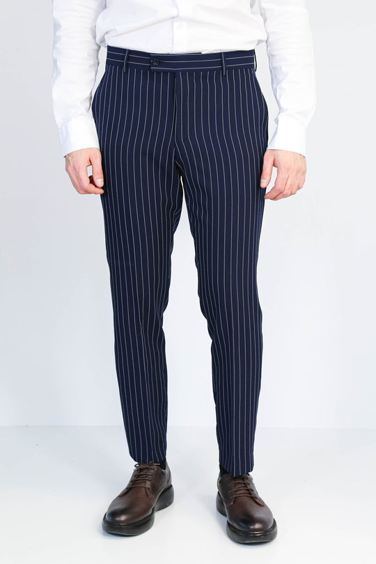Navy Blue White Pinstripe Slim Fit Dress Trousers – Wessi