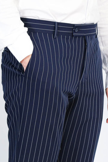 Navy Blue White Pinstripe Slim Fit Dress Trousers – Wessi