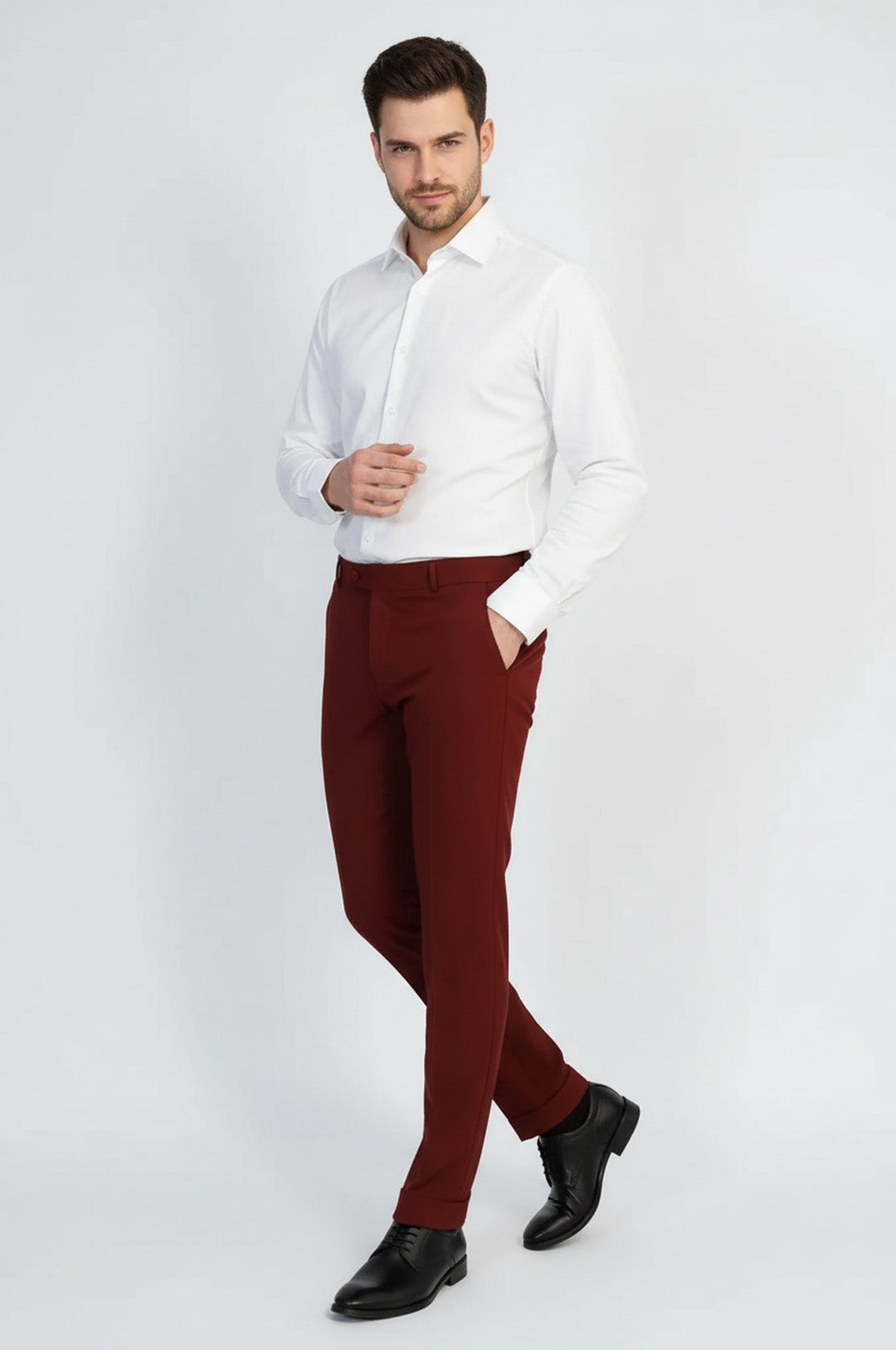 Slim Fit Plain Burgundy Men Pants - Wessi