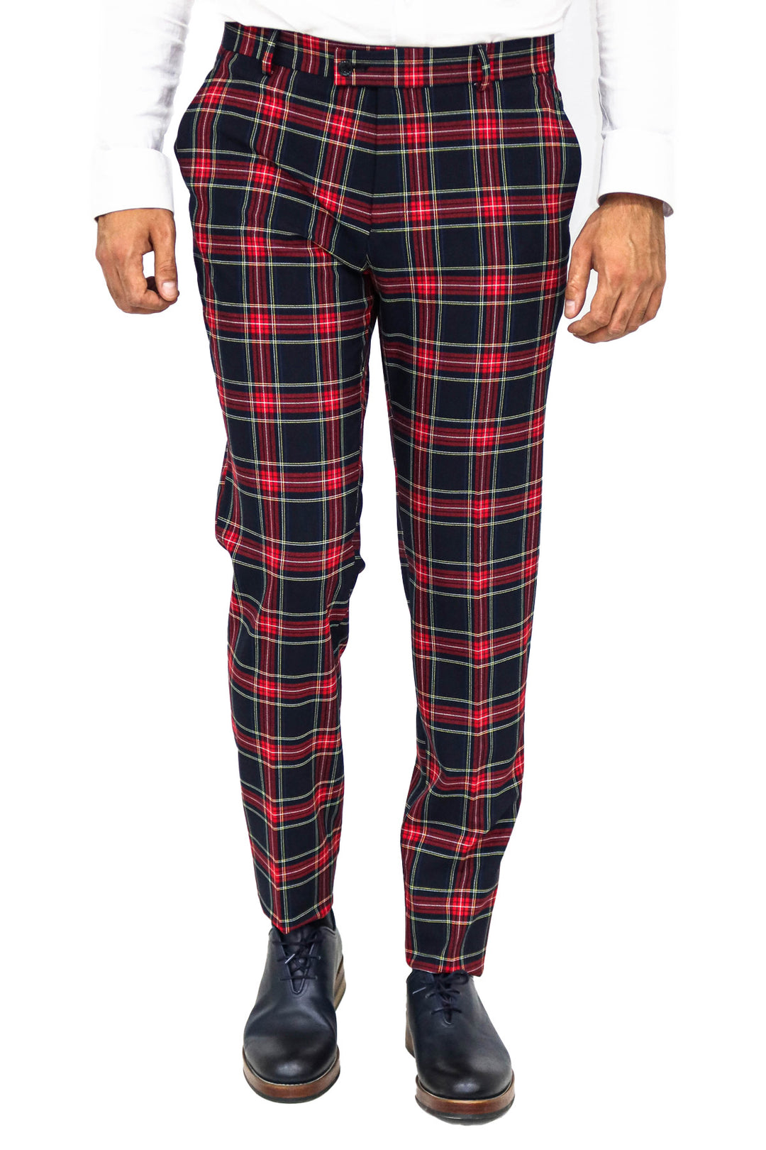 Slim Fit Plaid Men Navy Blue Pants - Wessi