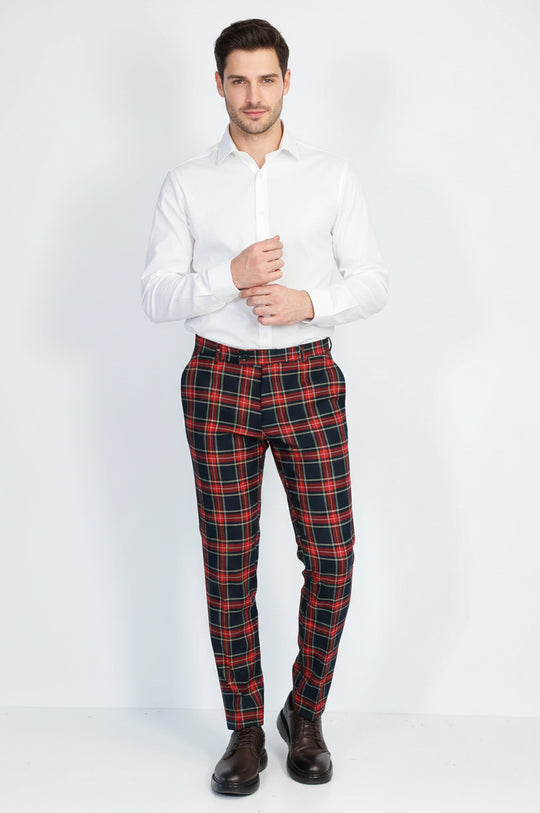 black dress shirt with navy blue pants Slim Fit Plaid Men Navy Blue Pants - Wessi – Wessi