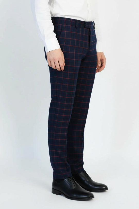 Slim Fit Checked Navy Blue Men Pants - Wessi