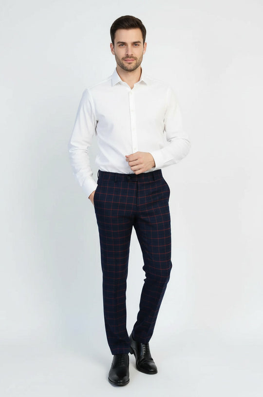 Slim Fit Checked Navy Blue Men Pants - Wessi