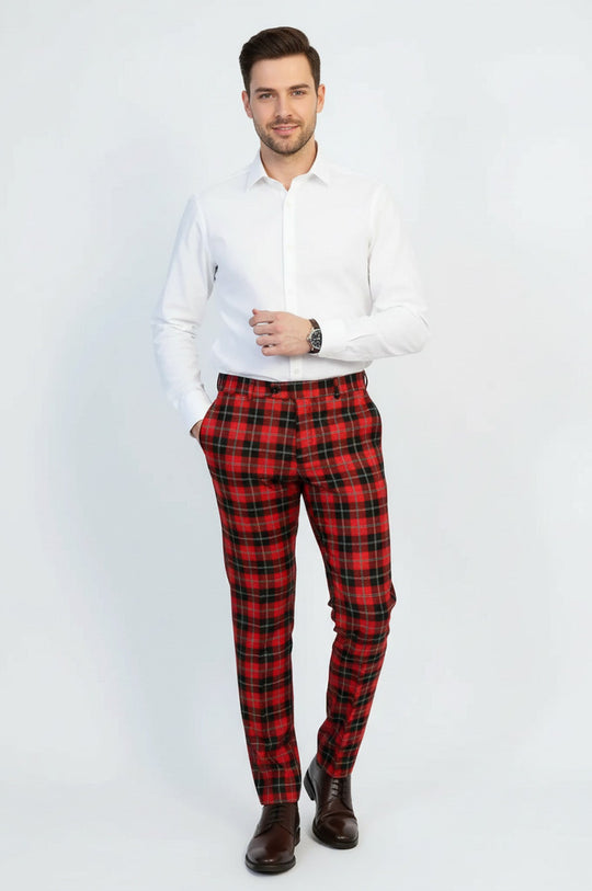 Slim Fit Checked Burgundy Men Pants - Wessi