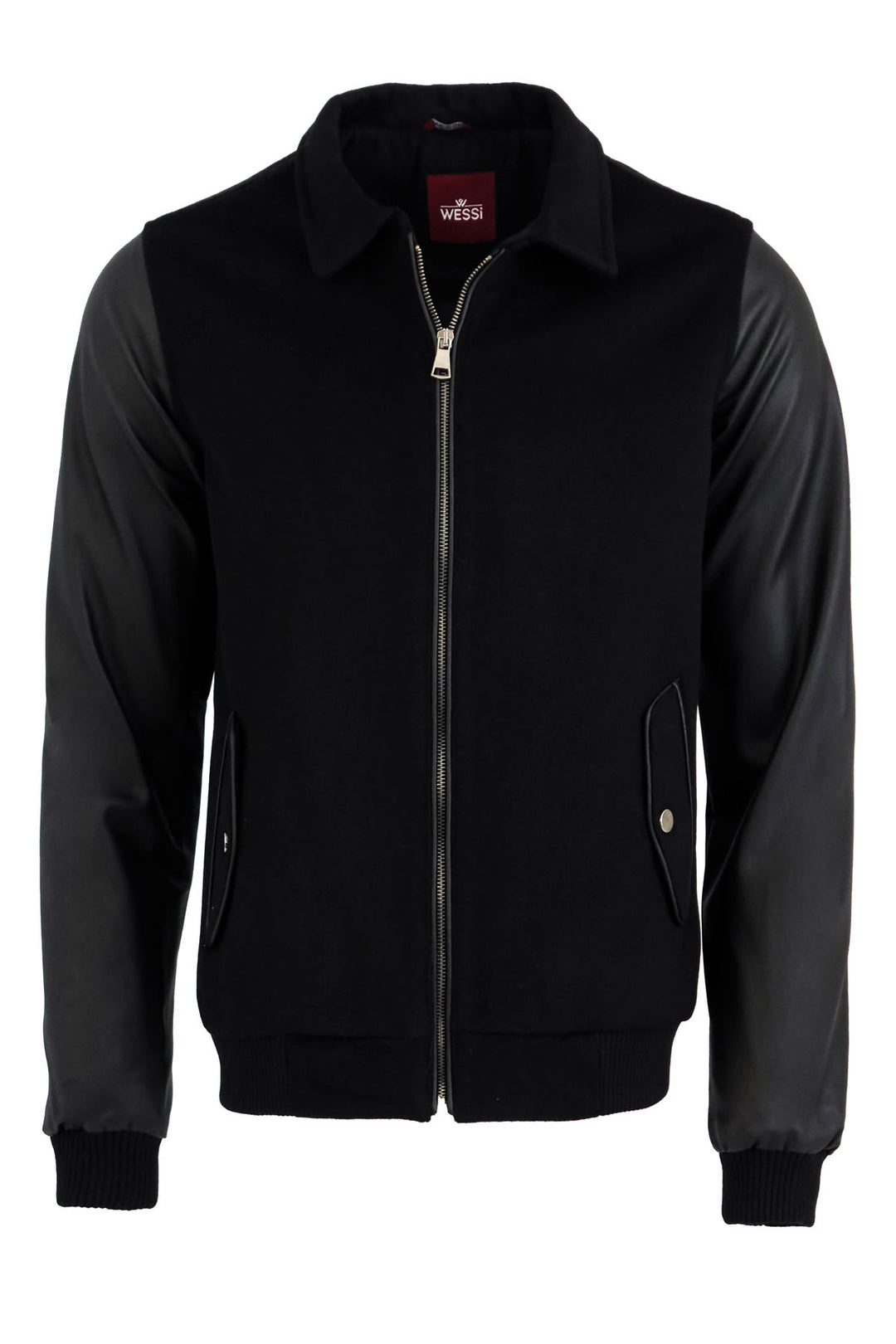 Cappotto cachet nero con maniche in pelle | Wess