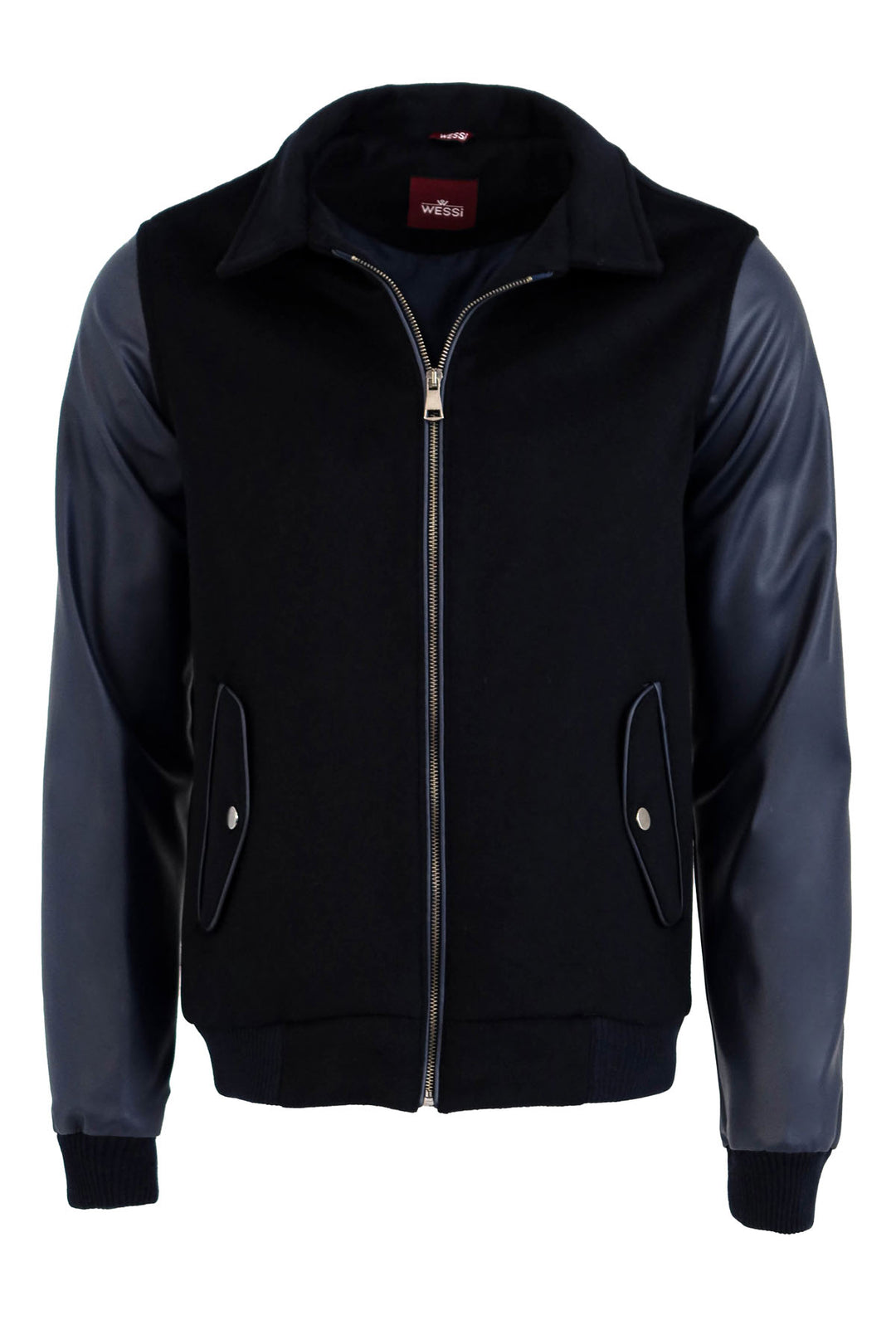 Cappotto cachet blu navy con maniche in pelle | Wess