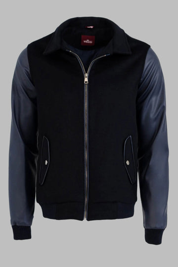 Manteau Cachet Bleu Marine à Manches en Cuir | Wess