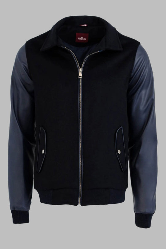 Manteau Cachet Bleu Marine à Manches en Cuir | Wess