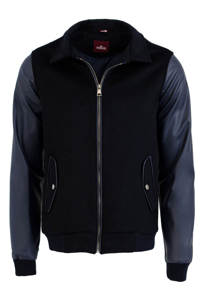 Cappotto cachet blu navy con maniche in pelle | Wess