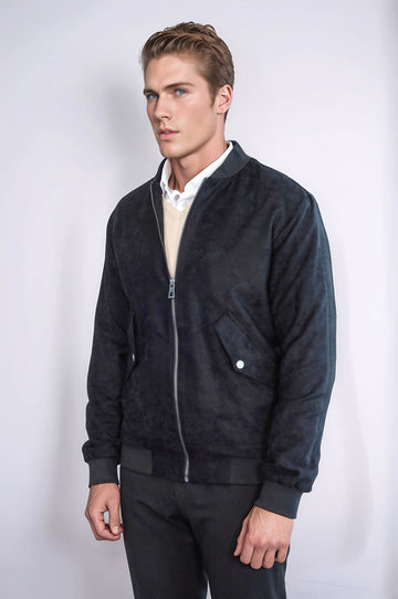 Cazadora bomber de ante negro con bolsillos con solapa para hombre - Wessi