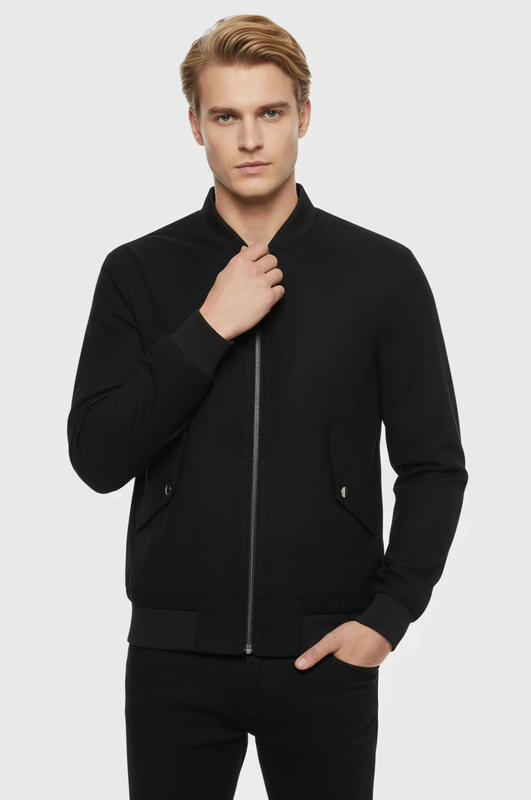 Flap Pockets Suede Navy Blue Men Bomber Coat - Wessi