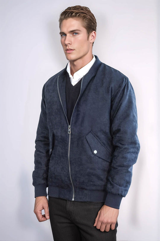 Cazadora Bomber De Ante Con Bolsillos Con Solapa Azul Oscuro Para Hombre - Wessi