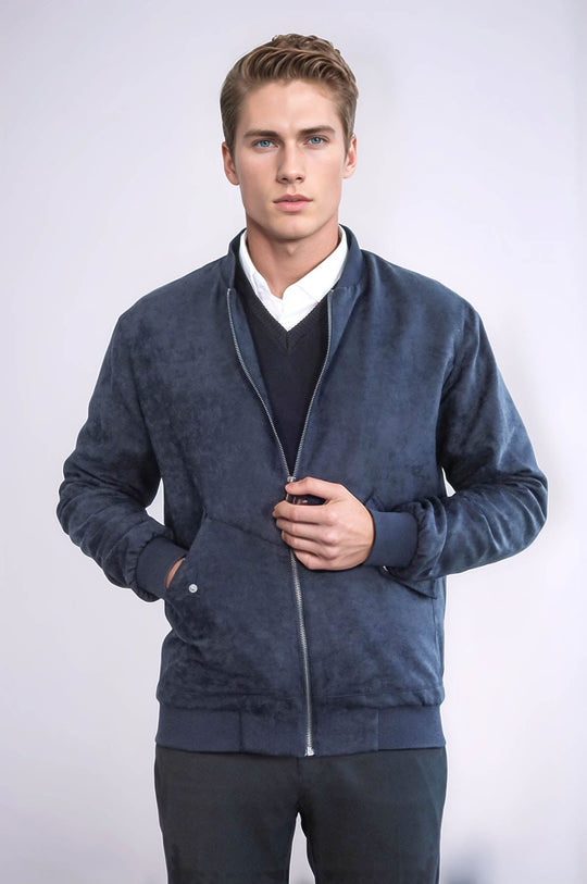 Cazadora Bomber De Ante Con Bolsillos Con Solapa Azul Oscuro Para Hombre - Wessi