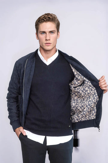 Cazadora Bomber De Ante Con Bolsillos Con Solapa Azul Oscuro Para Hombre - Wessi