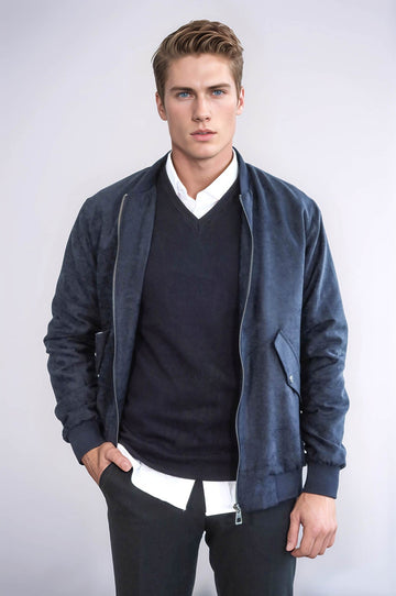 Cazadora Bomber De Ante Con Bolsillos Con Solapa Azul Oscuro Para Hombre - Wessi