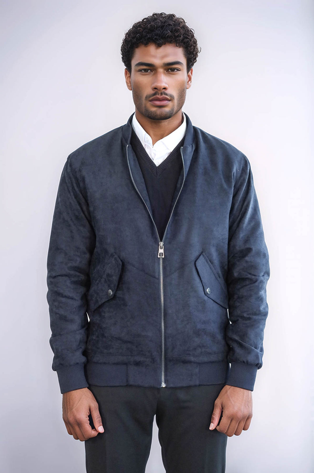 Cappotto bomber da uomo in pelle scamosciata blu scuro con tasche con patta - Wessi