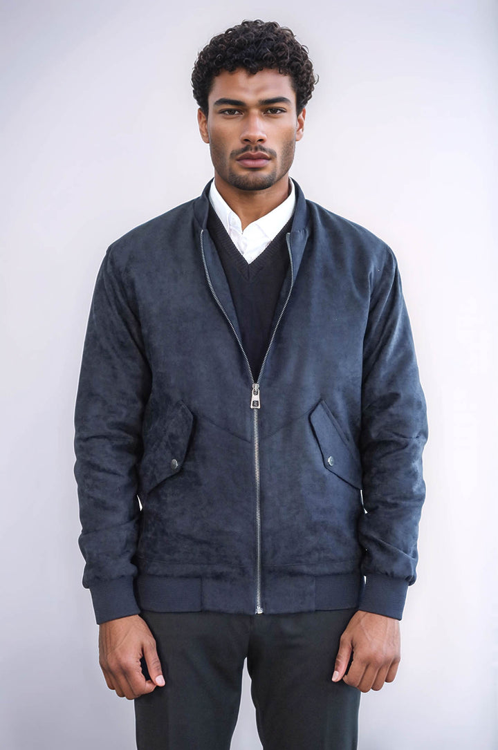 Cappotto bomber da uomo in pelle scamosciata blu scuro con tasche con patta - Wessi