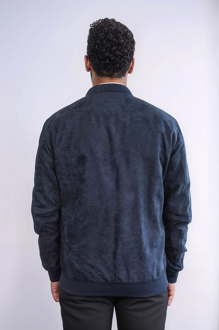 Cappotto bomber da uomo in pelle scamosciata blu scuro con tasche con patta - Wessi