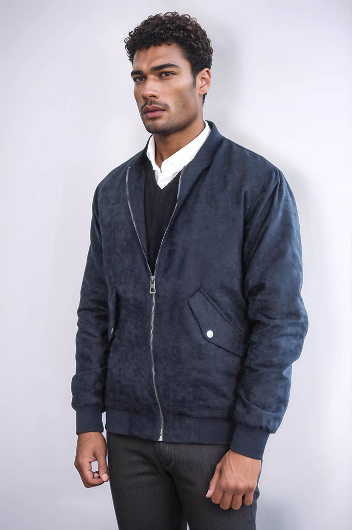 Cappotto bomber da uomo in pelle scamosciata blu scuro con tasche con patta - Wessi