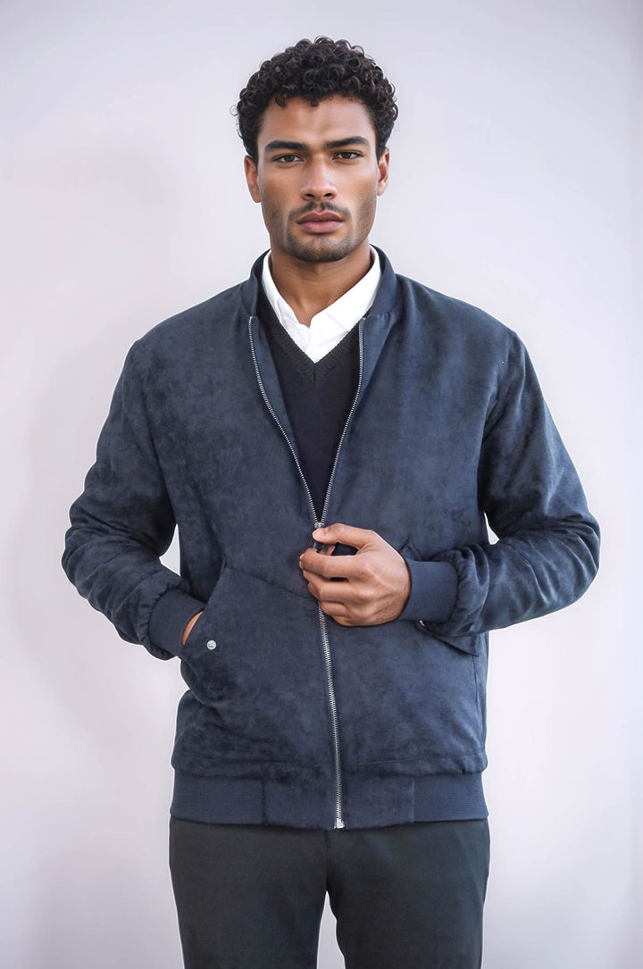 Cappotto bomber da uomo in pelle scamosciata blu scuro con tasche con patta - Wessi