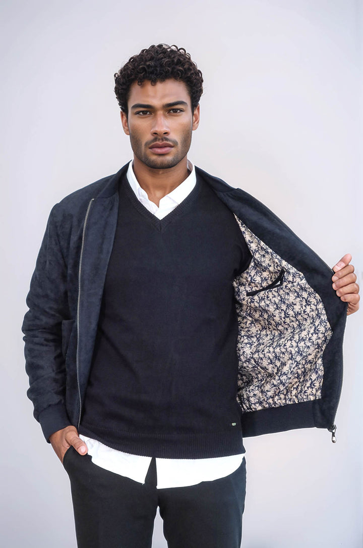 Cappotto bomber da uomo in pelle scamosciata blu scuro con tasche con patta - Wessi