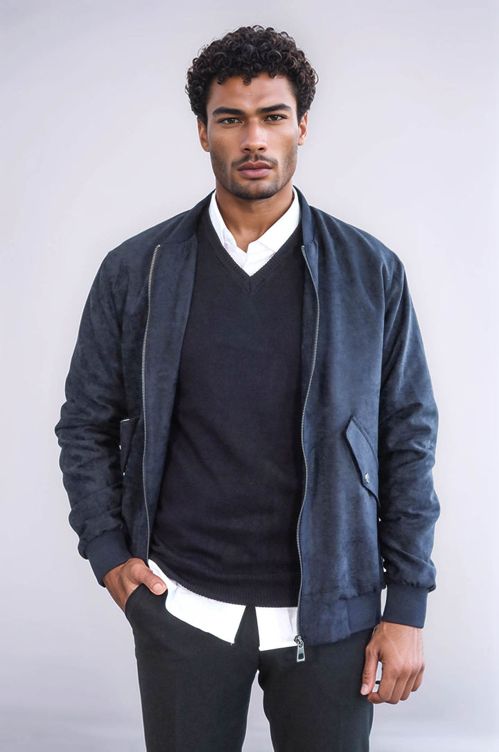 Cappotto bomber da uomo in pelle scamosciata blu scuro con tasche con patta - Wessi