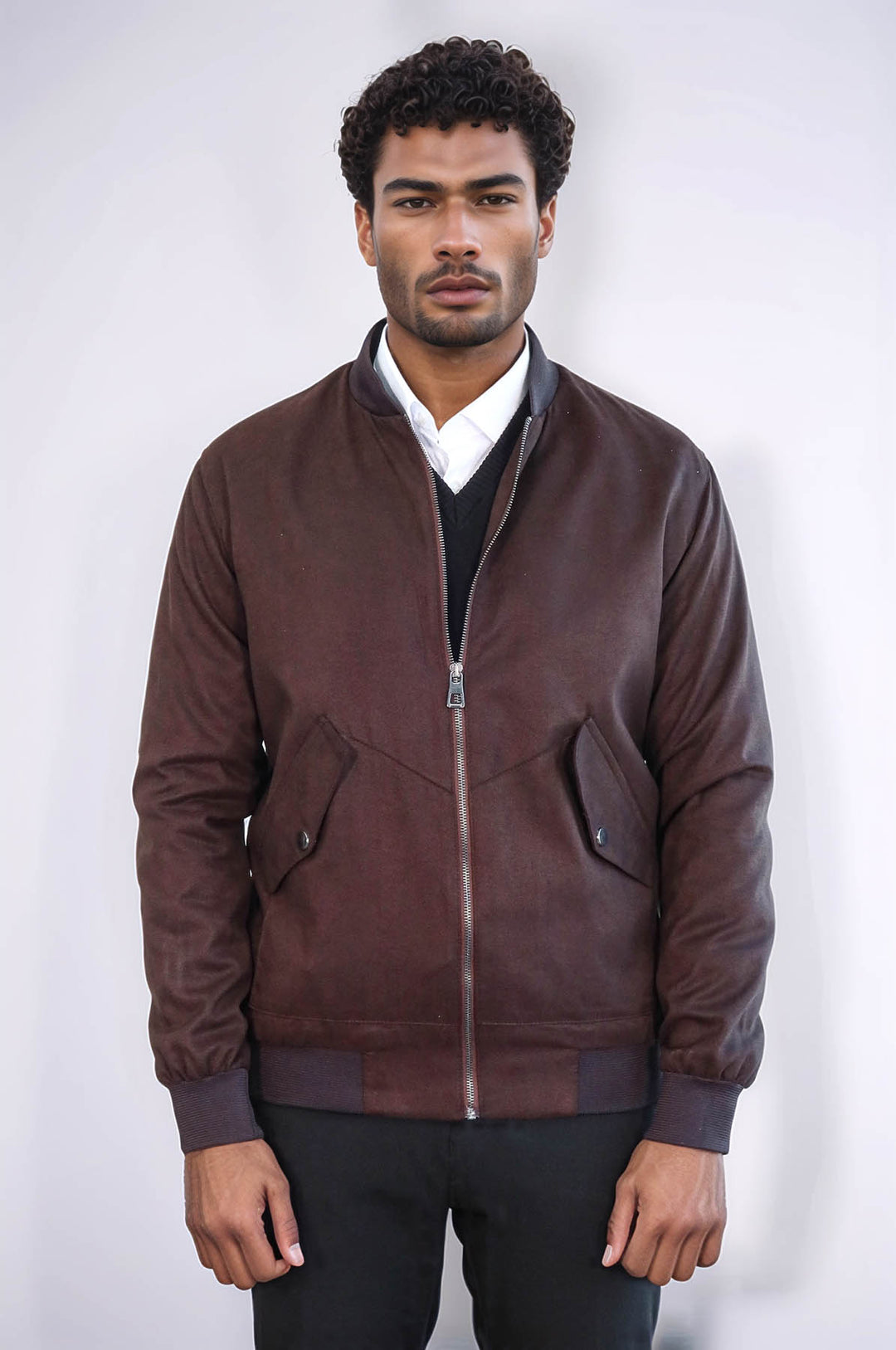 Flap Pockets Suede Brown Men Bomber Coat - Wessi