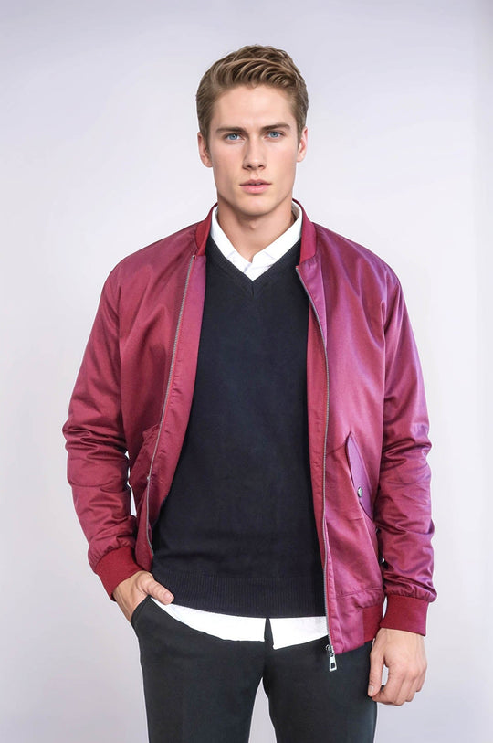 Flap Pockets Zippered Burgundy Men Bomber Coat - Wessi
