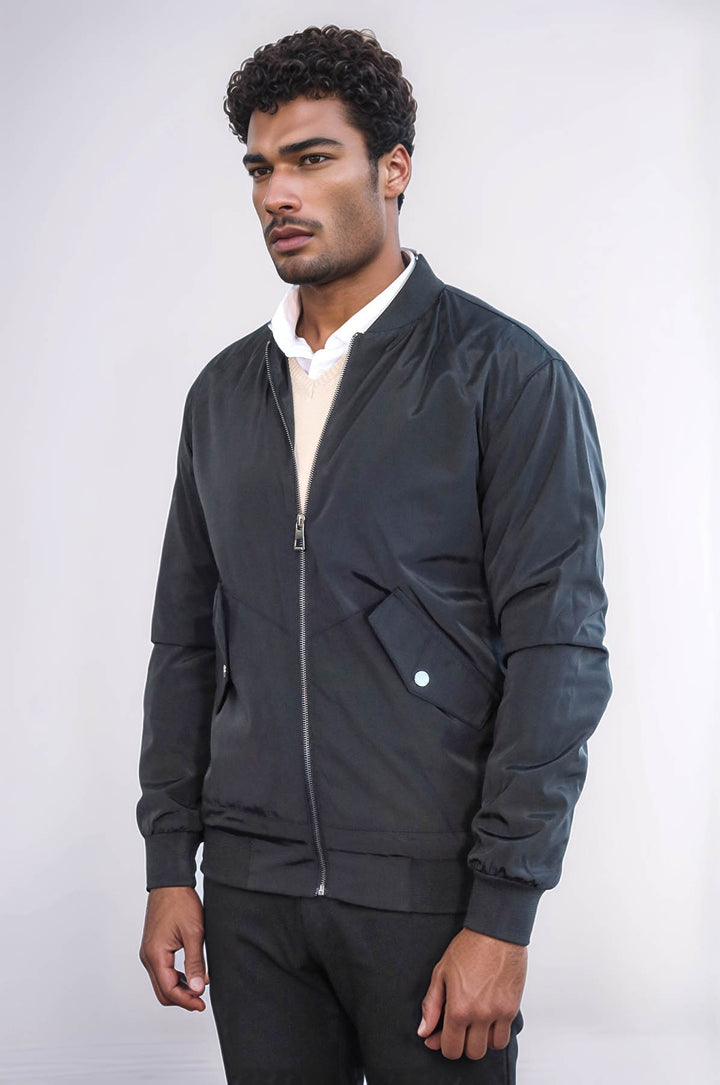 Manteau Bomber Homme Noir avec Poches à Rabat et Fermeture Éclair - Wessi