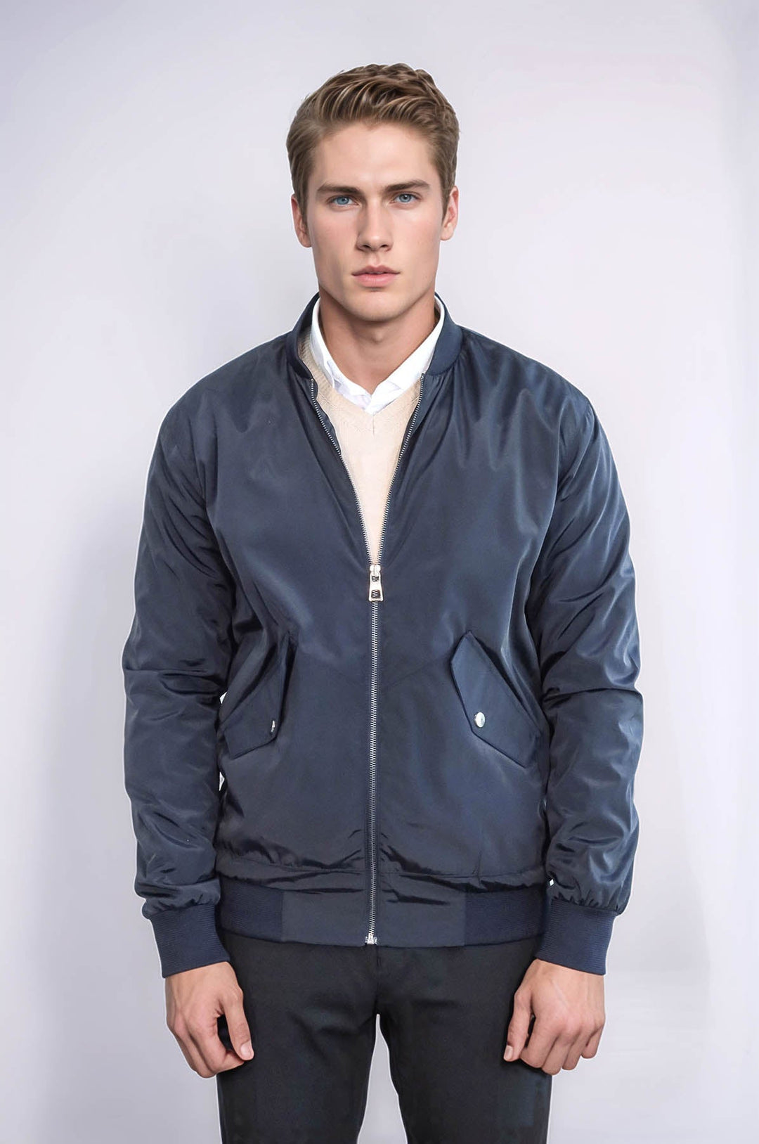 Zippered Flap Pockets Navy Blue Men Bomber Coat - Wessi