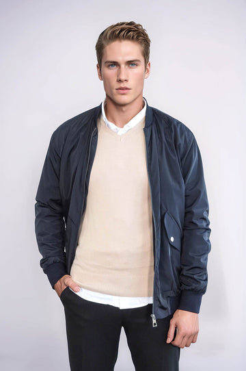 Abrigo Bomber Con Cremallera Y Bolsillos Con Solapa Azul Marino Hombre - Wessi