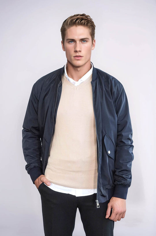 Abrigo Bomber Con Cremallera Y Bolsillos Con Solapa Azul Marino Hombre - Wessi