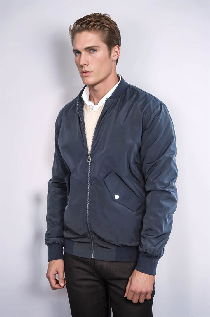Zippered Flap Pockets Navy Blue Men Bomber Coat - Wessi