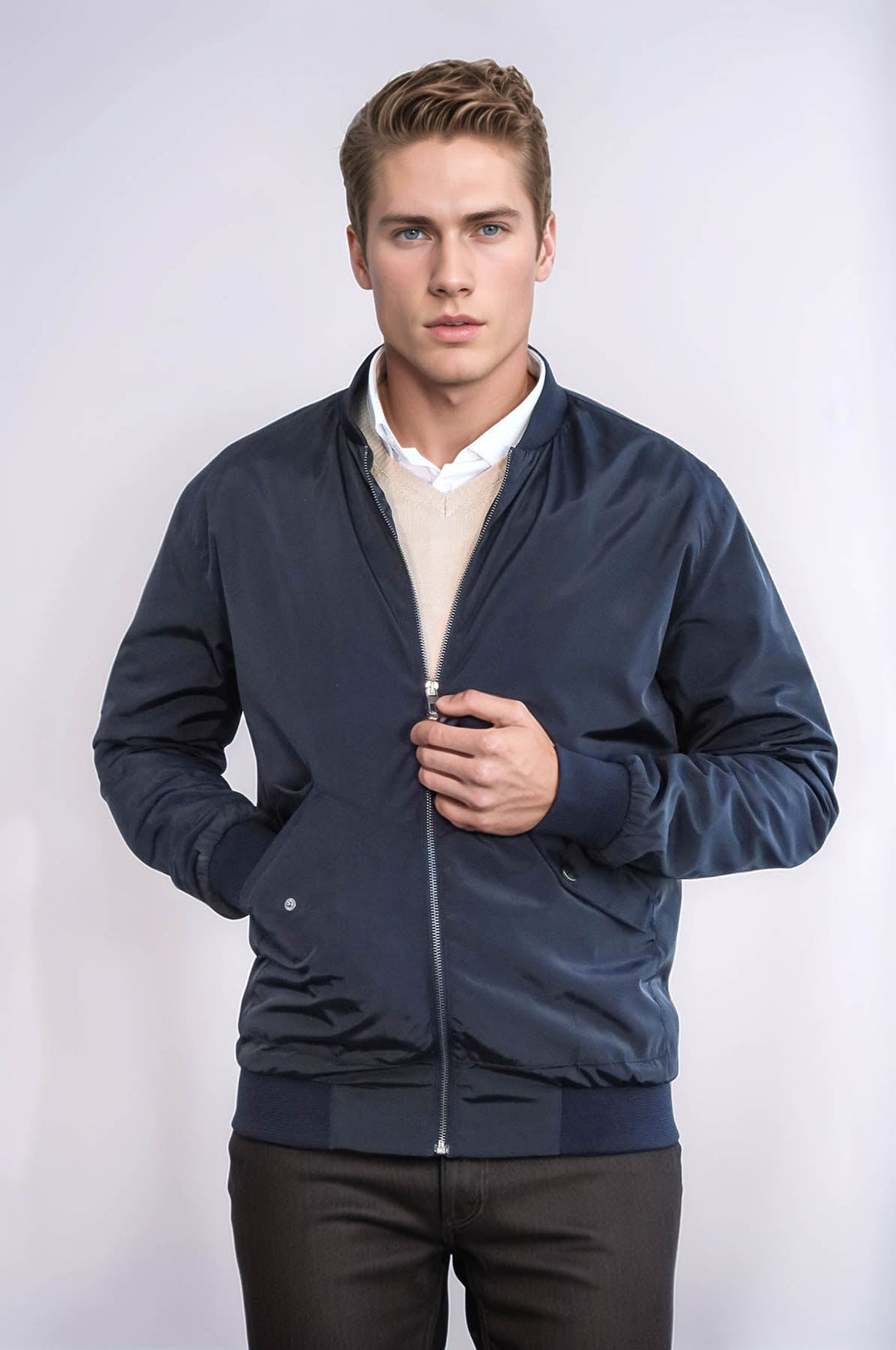 Zippered Flap Pockets Navy Blue Men Bomber Coat - Wessi
