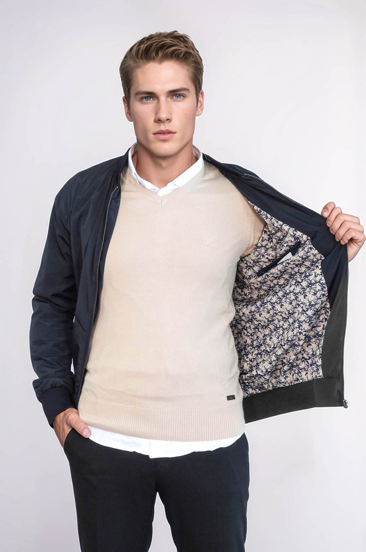 Zippered Flap Pockets Navy Blue Men Bomber Coat - Wessi