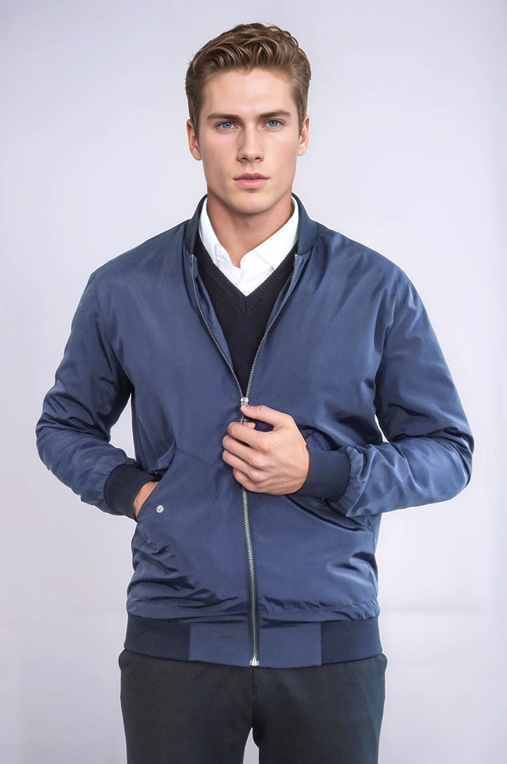 Flap Pockets Zippered Blue Men Bomber Coat - Wessi